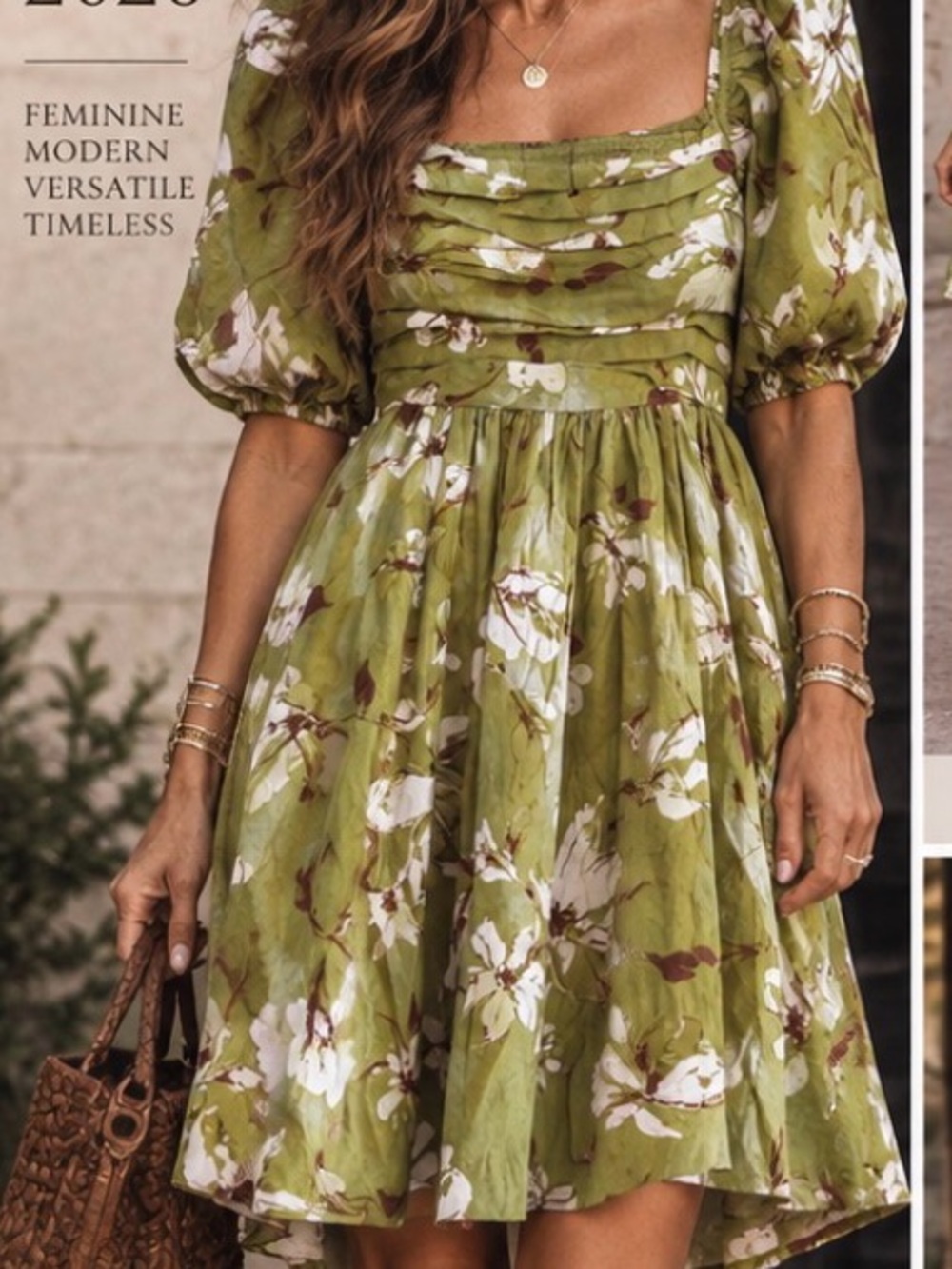 Blu pepper Olive Green Floral Puff-Sleeve Sundress